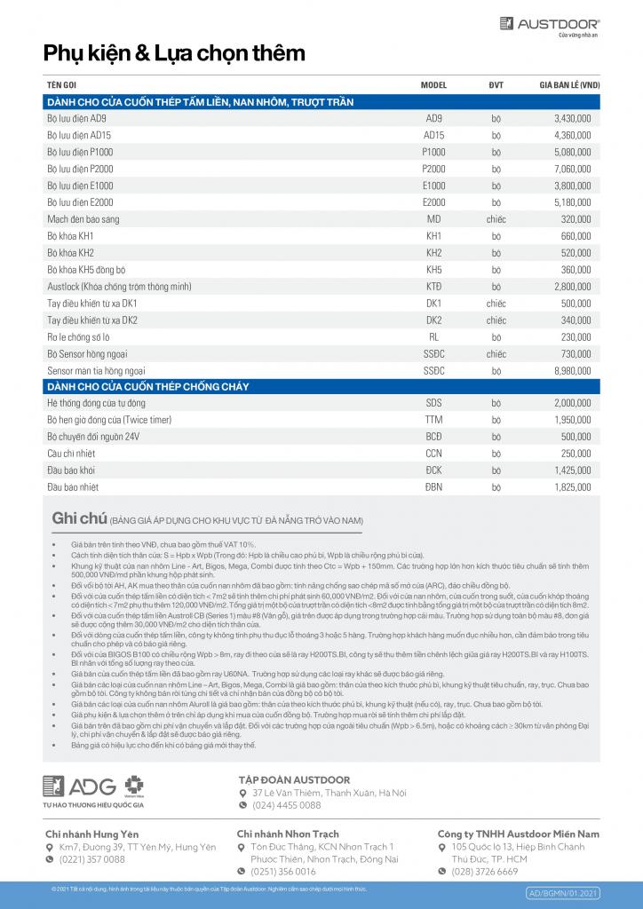 Bảng giá phụ kiện lựa chọn thêm chính hãng austdoor năm 2021